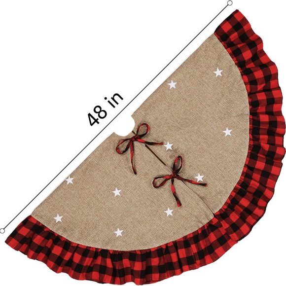 Meriwoods Burlap Tree Skirt w/Ruffled Plaid Trim Rustic "Merry Christmas" - Picture 5 of 6